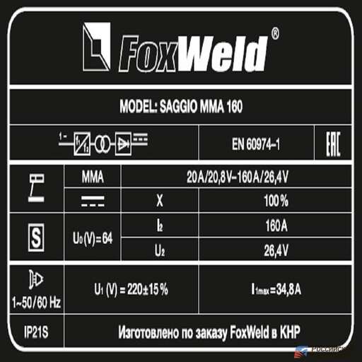 Изображение для Сварочный инверторный аппарат Foxweld SAGGIO MMA 160 (MMA)