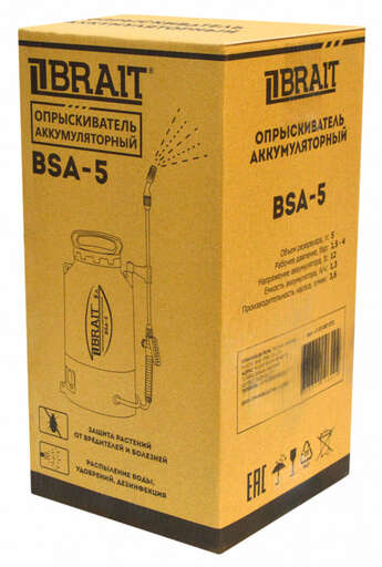 Изображение для Опрыскиватель аккумуляторный Brait BSA-5 (объем 5л,рабочее давление 1,5-4 бар,АКБ гелевый, 12В; 1,3Ач)