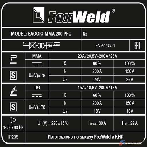 Изображение для Сварочный инверторный аппарат Foxweld SAGGIO MMA 200 PFC (MMA/TIG LIFT)