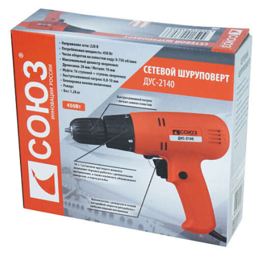Изображение для Сетевой шуруповерт СОЮЗ ДУС-2140 (0.45 кВт)
