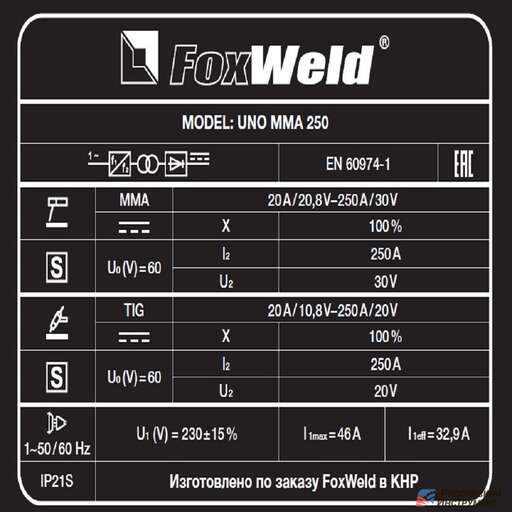 Изображение для Сварочный инверторный аппарат Foxweld UNO MMA 250 (MMA/TIG LIFT)